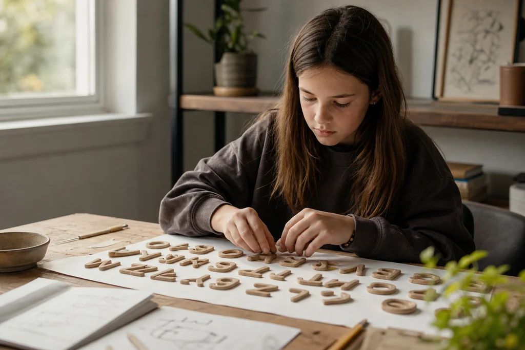 Girl exploring beige clay alphabet letter forms and paper in natural light