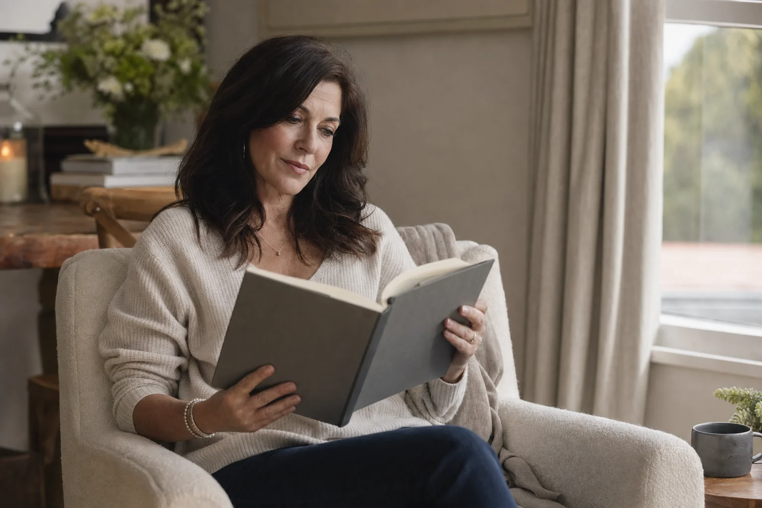 A thoughtful woman seated near a window, holding and reading an open hardcover book with both hands