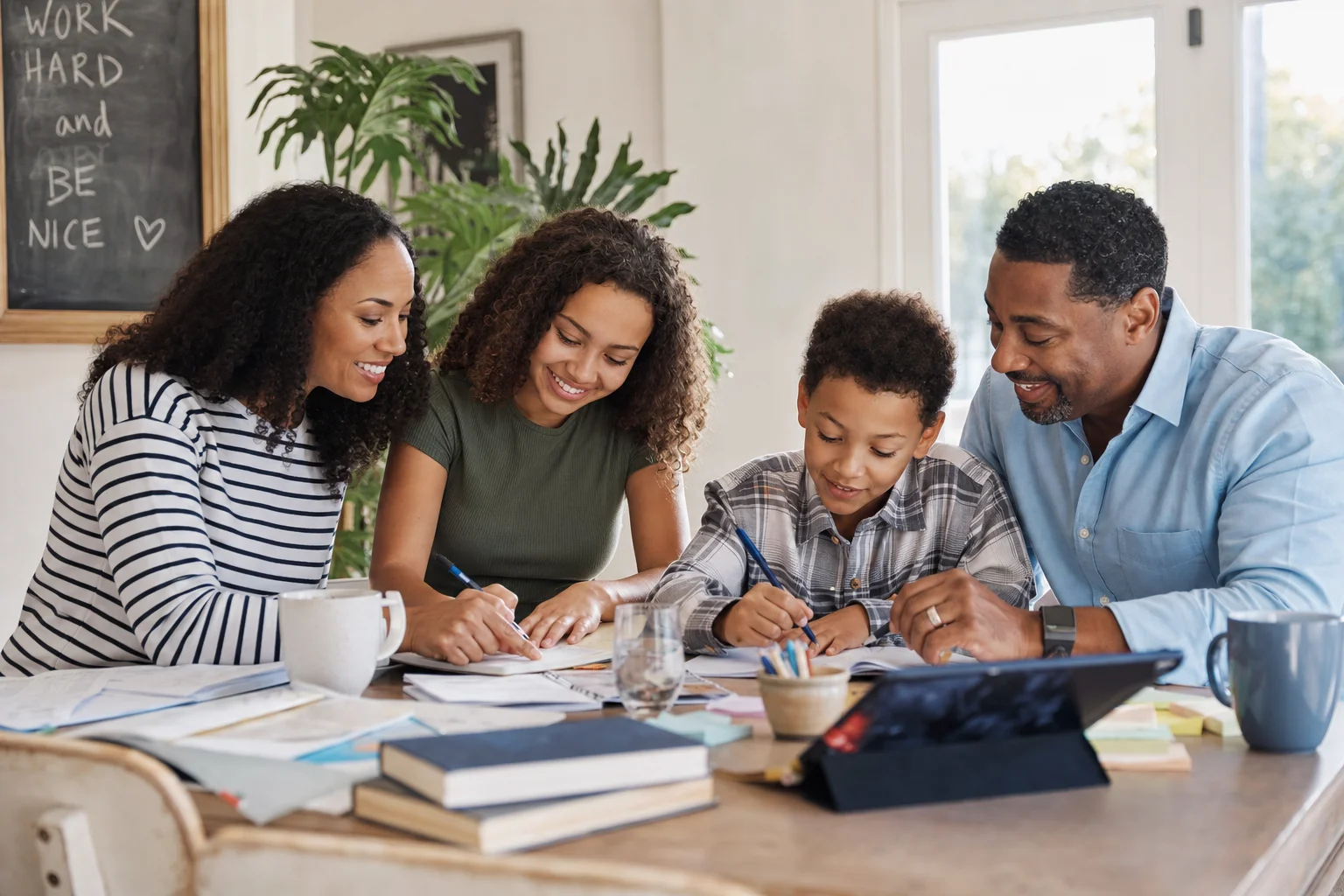 Mixed-race family with parents, daughter, and son learning together at a dining table