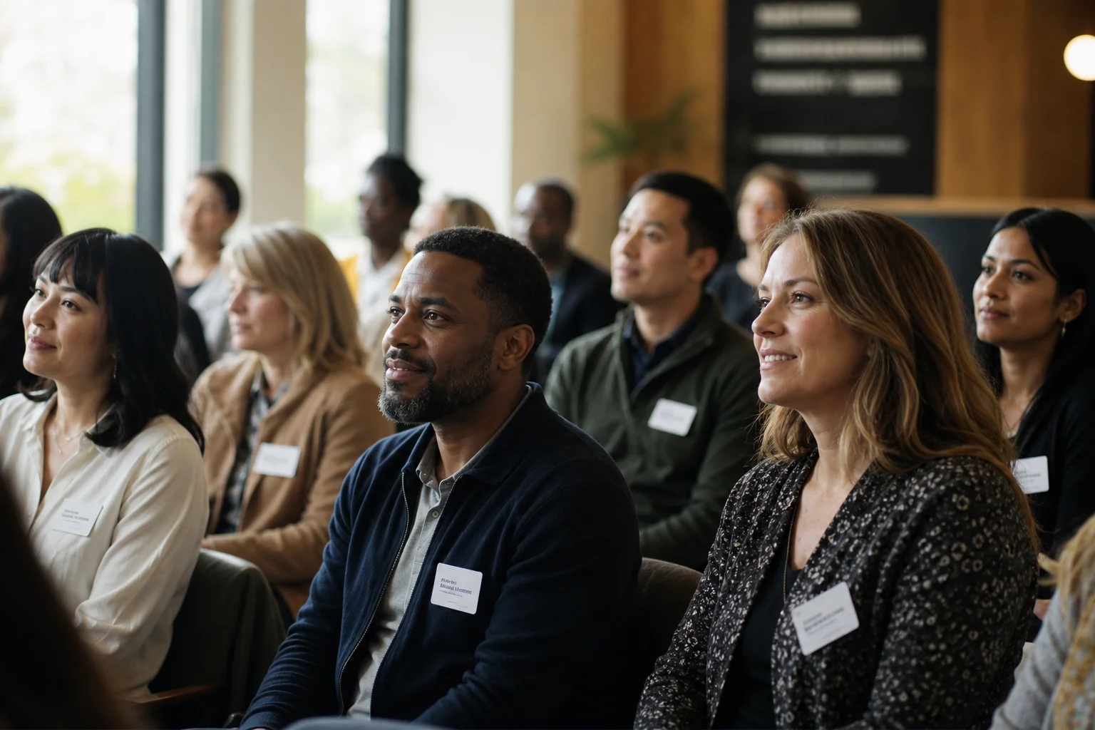 Diverse parents and educators seated in a calm workshop, listening attentively
